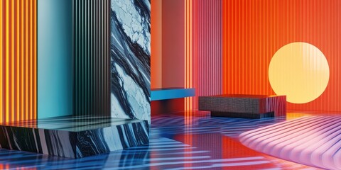 Poster - Modern studio setup for showcasing products with intricate patterns Rendered space featuring vibrant lines and hues blending plastic metal wood and marble with reflective lighting elements