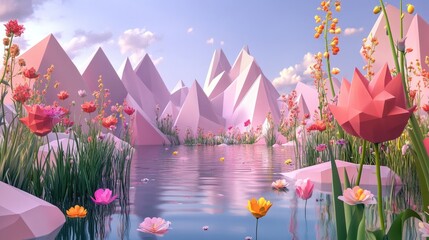 Wall Mural - Abstract landscape scene of spring and summer featuring geometric shapes a lake and floral views in 3D rendering