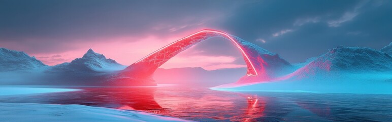 Poster - Surreal dreamlike landscape featuring abstract dunes in a winter setting with a geometric arch Enchanting island scene with water and a naturally cloudy sky Metallic mirror arch 3D rendering