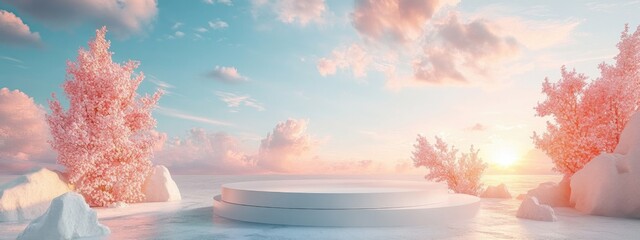 Wall Mural - Natural beauty podium for product presentation featuring a dreamy sky background Romantic 3D scene 3D rendering