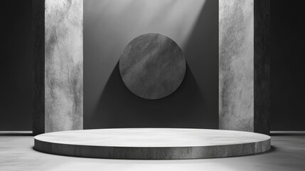 Poster - Empty podium with geometric shapes in a gray composition for a modern stage display and minimalist mockup abstract showcase background 3D illustration or render concept