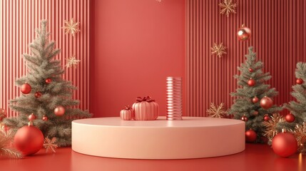 Poster - Festive Background and Podium with Cylindrical Product Display Ideal for Showcasing Products and Promoting Seasonal Events 3D Rendering