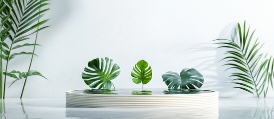 Aufkleber - Product display pedestal featuring water reflection monstera leaf and bamboo leaf against a white background 3D rendering