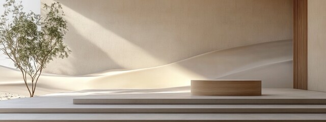 Poster - Contemporary minimalist interior design featuring sand dune views 3D rendering Clean backdrop with a podium ideal for advertising and presentations Elegant architectural design of the space