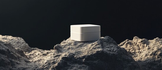 Poster - Square cosmetic container on a rock surface with a black backdrop 3D rendering