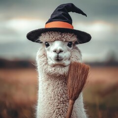 Alpaca wearing a witch s hat and carrying a broom in a Halloween field, witch alpaca, festive farm animal