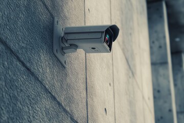 A close-up of a modern security camera mounted on a textured wall, capturing surveillance and protection themes.