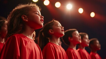 A group of children singing joyfully on stage under bright lights, showcasing their passion and harmony in vibrant red outfits.