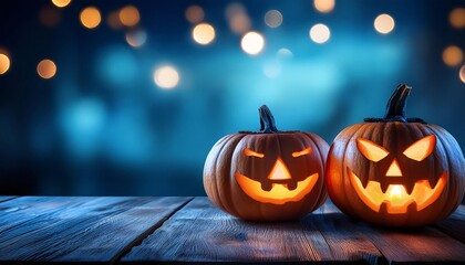 Aufkleber - Two halloween lanterns with evil eyes and face on a wood table with a spooky dark blue background at night with light bokeh