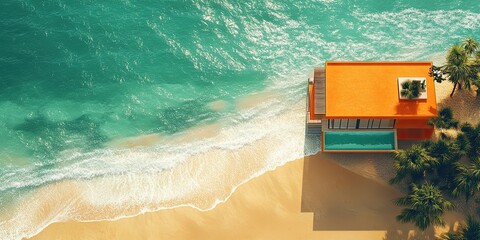 Wall Mural - top view modern orange beachside modern house on a pristine beach with golden sands soft sunlight dances on the waves with clear water sea 