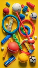 Wall Mural - A colorful assortment of sports equipment and toys on a yellow background.