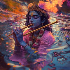 Sticker - A colorful depiction of Krishna, a Hindu god, playing a flute while submerged in water.