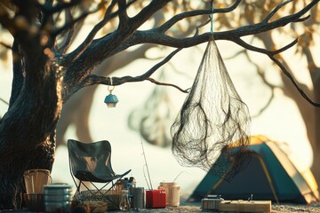 A beach scene with a tent, chairs, and a net hanging from a tree