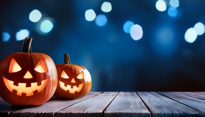 Aufkleber - Two halloween lanterns with evil eyes and face on a wood table with a spooky dark blue background at night with light bokeh