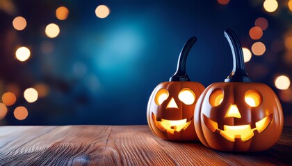 Two halloween lanterns with evil eyes and face on a wood table with a spooky dark blue background at night with light bokeh