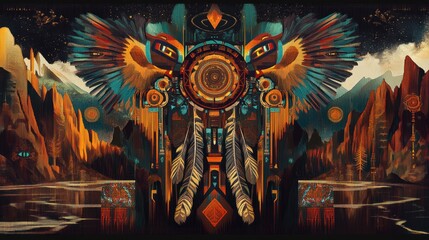 A vibrant, abstract artwork featuring a central totem and nature elements.