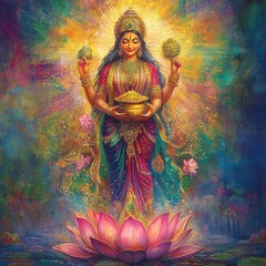 Wall Mural - A colorful painting of Lakshmi, the Hindu goddess of wealth and prosperity, standing on a lotus flower.