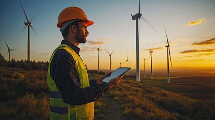 42. Wind turbine technician holding a tablet, surrounded by a wind farm, focusing on clean energy production and innovative technology