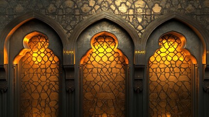 Wall Mural - Intricate arched windows with warm lighting and decorative patterns.