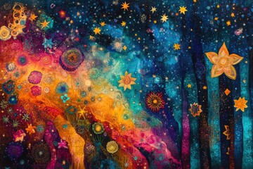 Wall Mural - Vibrant multicolored artwork featuring an abstract luminous backdrop adorned with stars