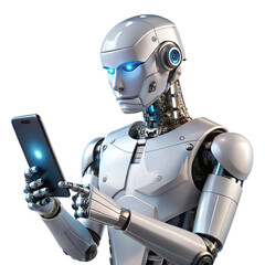 robot with smartphone isolated on transparent white background, clipping path