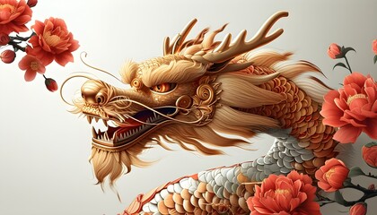 Wall Mural - Elegant Chinese Dragon Illustration with Traditional Golden Lines on a Poster Background