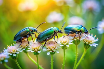 Wall Mural - Three beetles on small flowers in a summer forest at eye level