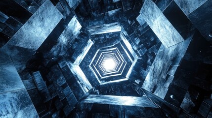 Poster - 3D rendering of a triangular tunnel surrounded by cubes created through digital illustration