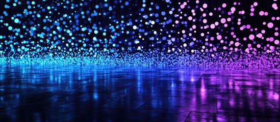 3D rendering of a light wall featuring blue and violet spots shaped like a tablet symbol set against a black background with reflections on a wet floor