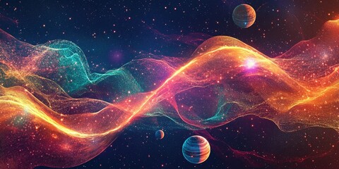 Wall Mural - Colorful abstract background featuring luminous shapes and wave designs A burst of stars against a cosmic backdrop with illustrations of planets in a distant solar system