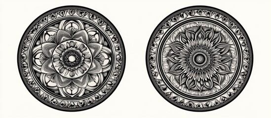 Pair of decorative ornaments featuring mandala designs within circular frames Ideal for home decor coloring books greeting cards invitations tattoos and stress relief patterns