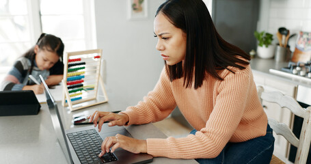 Poster - Woman, stress and laptop in home, child learning and online for negotiation with bank in kitchen. Mother, frustrated and email consultant for helping with tax audit, tablet and girl for education