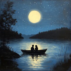 Canvas Print - A couple in a rowboat on a lake under a full moon and starry sky.