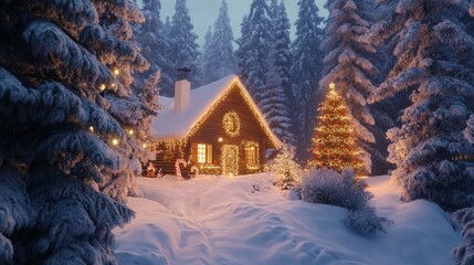 Poster - A cozy cabin in the snow, decorated for Christmas with twinkling lights and a decorated Christmas tree in the foreground.