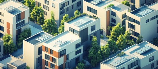 3D rendering of a series of eco friendly houses positioned amidst an array of apartment buildings