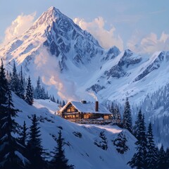 Wall Mural - A cozy cabin nestled in the snow-capped mountains with a majestic peak rising in the background, bathed in the golden hues of dawn.