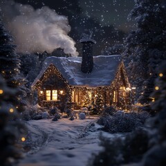 Canvas Print - A cozy cottage with Christmas lights and snow covered grounds during a snowy night.