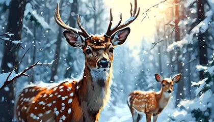 Wall Mural - Adorable Christmas deer in a snowy winter forest, embodying the spirit of the holiday season, perfect for greeting cards and postcards