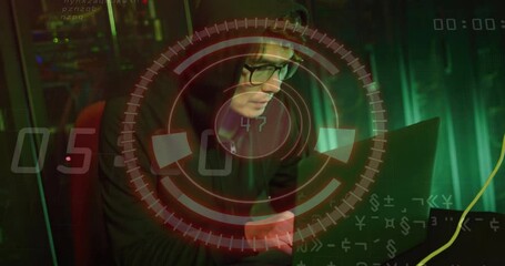 Poster - Animation of data processing and diagrams over asian male hacker in server room