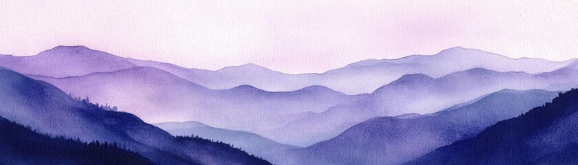 Poster - A serene watercolor landscape showcasing gentle purple mountains under a soft pastel sky, perfect for tranquil design projects.