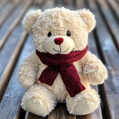 Wall Mural - A cream-colored teddy bear with a red scarf sitting on a wooden bench.