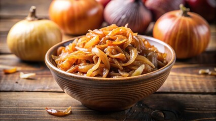 Tilted angle brown organic caramelized onions in a bowl to cook with