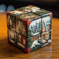 Wall Mural - A cube puzzle made of wooden blocks with Christmas scenes on each side.