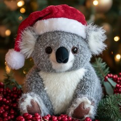 Wall Mural - A cute gray koala wearing a red Santa hat sits among red berries and green leaves.