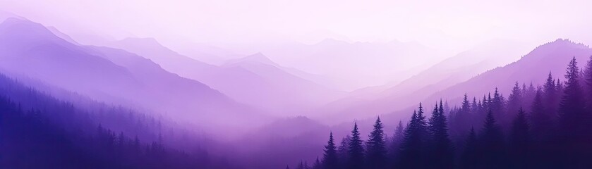 Poster - A serene landscape of purple mountains and lush trees under a soft pastel sky, perfect for calming and tranquil imagery.