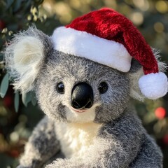 Sticker - A cute koala wearing a Santa hat, looking at the camera with a happy expression.