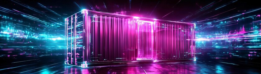 Poster - Futuristic container with vibrant neon lights and dynamic lines, creating an abstract technology theme in a digital space.