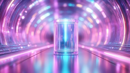 Poster - Futuristic tunnel with vibrant lights and a glass container, creating a surreal atmosphere of technology and innovation.