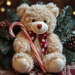 Wall Mural - A cute teddy bear holding a candy cane with Christmas decorations in the background.