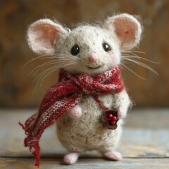 Canvas Print - A cute, white knitted mouse wearing a red scarf and holding a small acorn with berries.